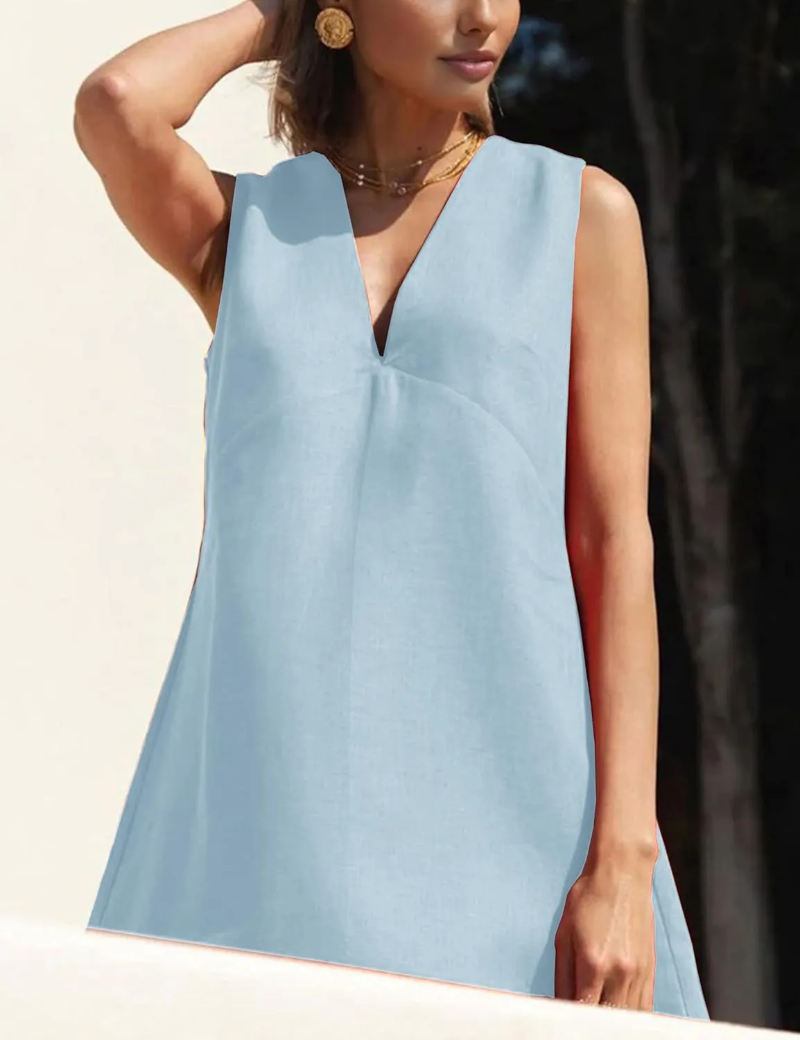 Womens Summer Cotton Linen V Neck Short Dress Sleeveless Mini Dress Casual A Line Tank Sundress