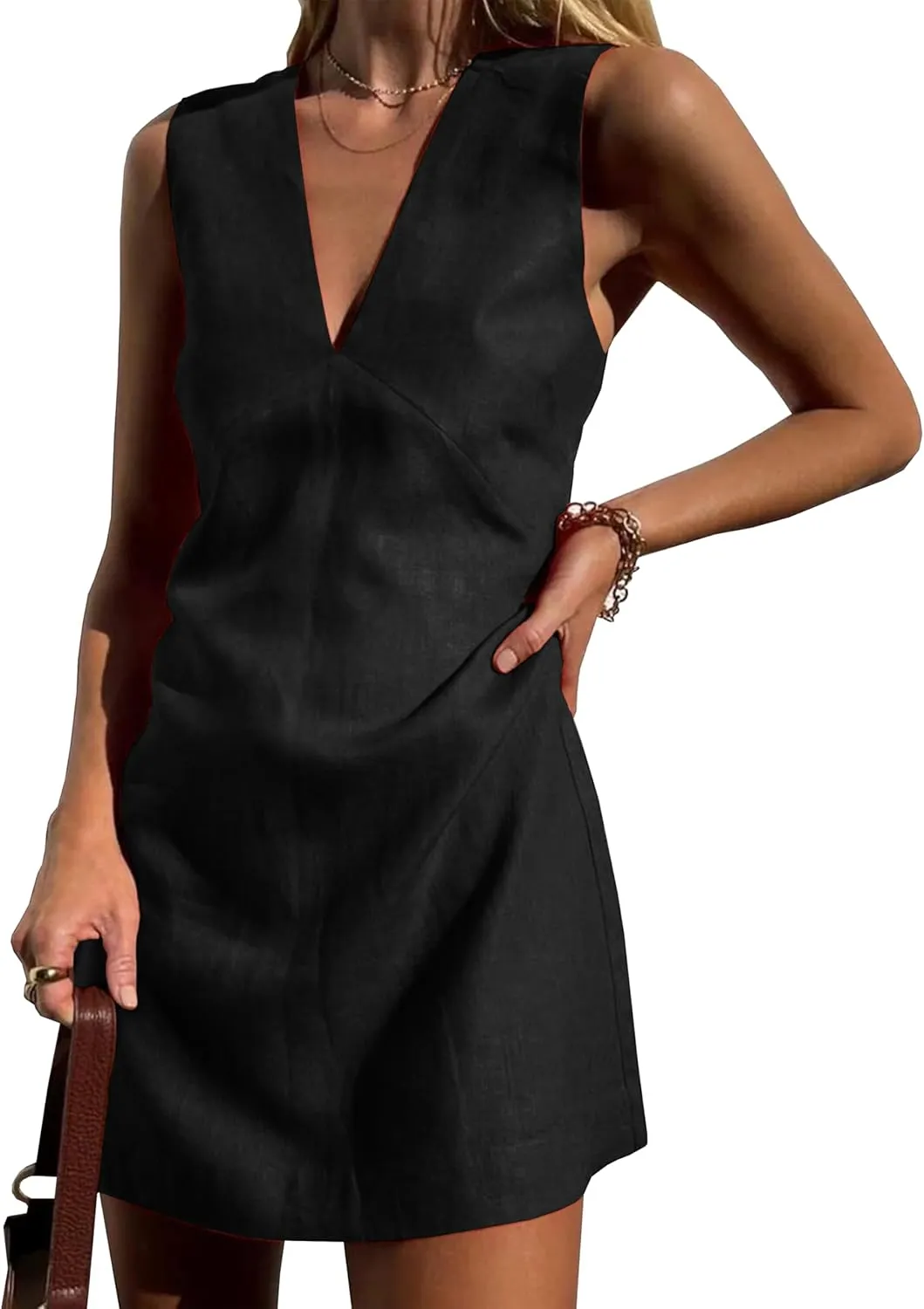 Womens Summer Cotton Linen V Neck Short Dress Sleeveless Mini Dress Casual A Line Tank Sundress