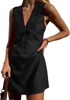 Womens Summer Cotton Linen V Neck Short Dress Sleeveless Mini Dress Casual A Line Tank Sundress