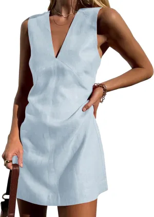 Womens Summer Cotton Linen V Neck Short Dress Sleeveless Mini Dress Casual A Line Tank Sundress