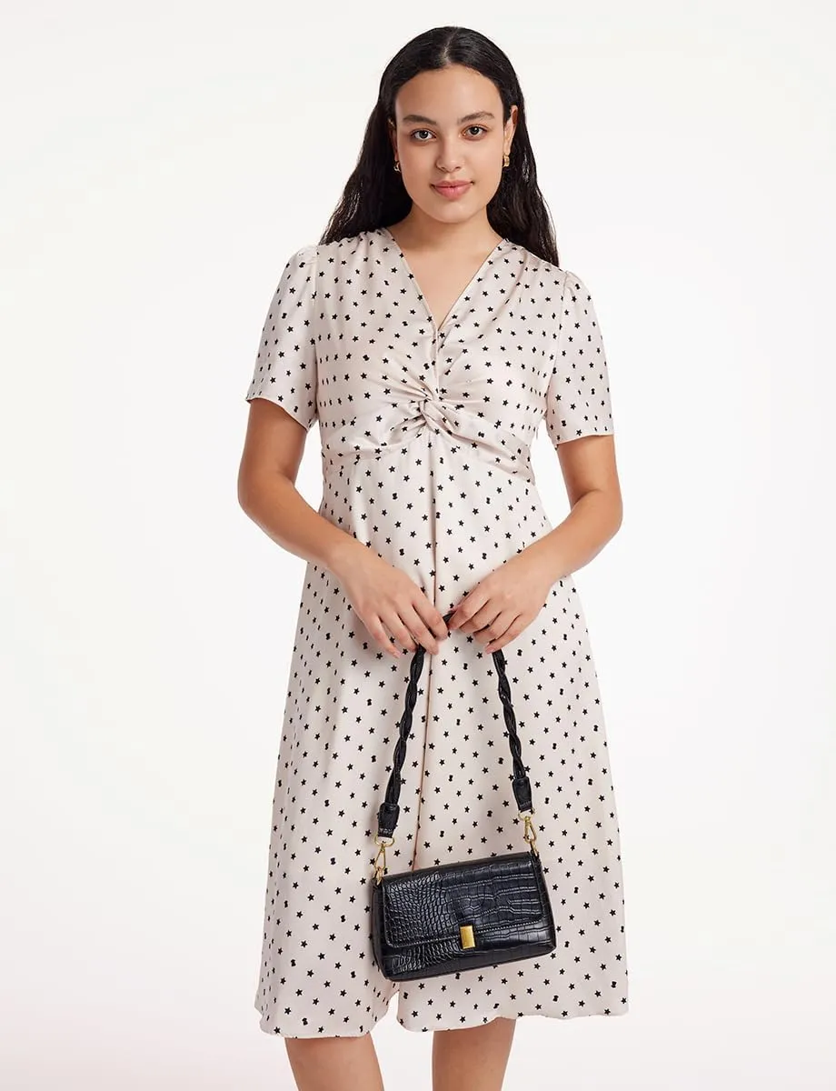 Women's Summer Dress 3/4 Sleeve Casual Boho V-Neck Pleated Lace Up Wrap Flowy Midi Dress Wedding Guest Dresses