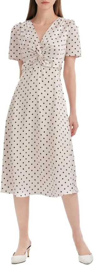 Women's Summer Dress 3/4 Sleeve Casual Boho V-Neck Pleated Lace Up Wrap Flowy Midi Dress Wedding Guest Dresses