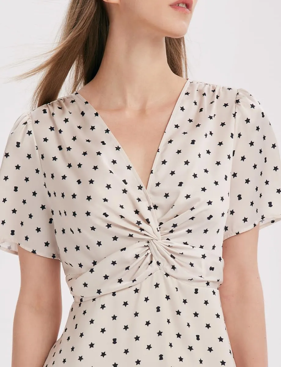 Women's Summer Dress 3/4 Sleeve Casual Boho V-Neck Pleated Lace Up Wrap Flowy Midi Dress Wedding Guest Dresses