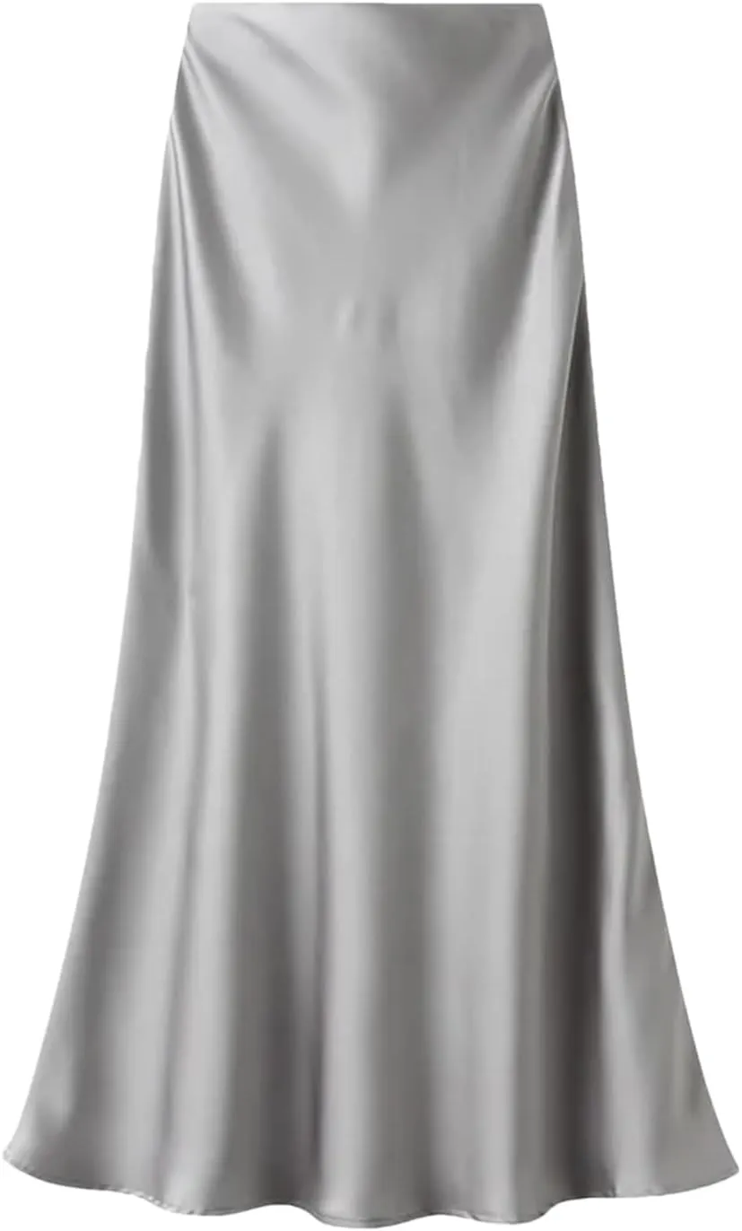 Women's Summer High-Waisted Slim Skirt Elegant Satin Skirt Elastic Waist Mid-Length Office Lady Skirts