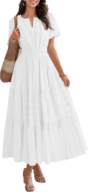 Womens Summer Midi Maxi Dresses Casual V Neck Short Sleeve Flowy A Line Boho Beach Dress with Pockets