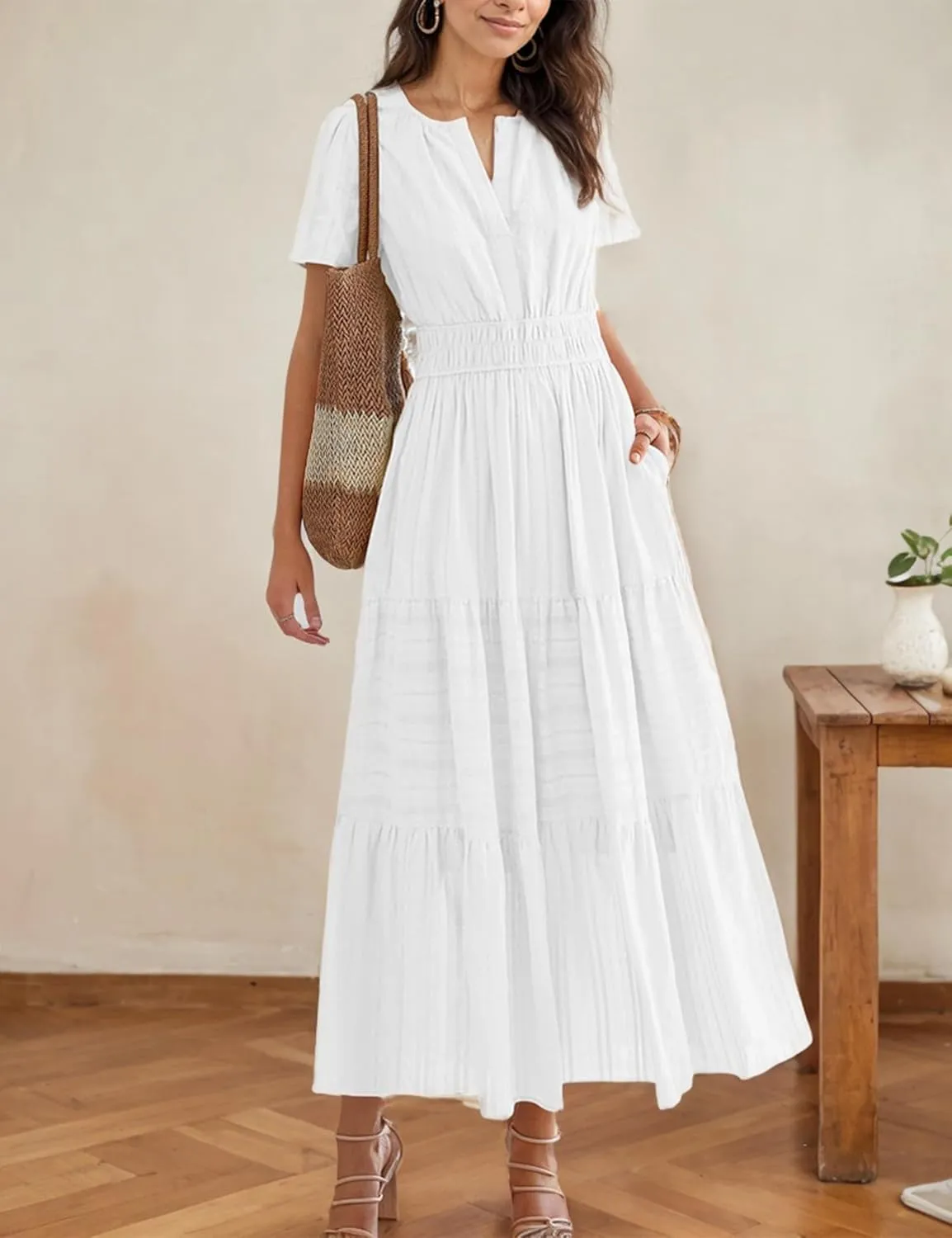 Womens Summer Midi Maxi Dresses Casual V Neck Short Sleeve Flowy A Line Boho Beach Dress with Pockets
