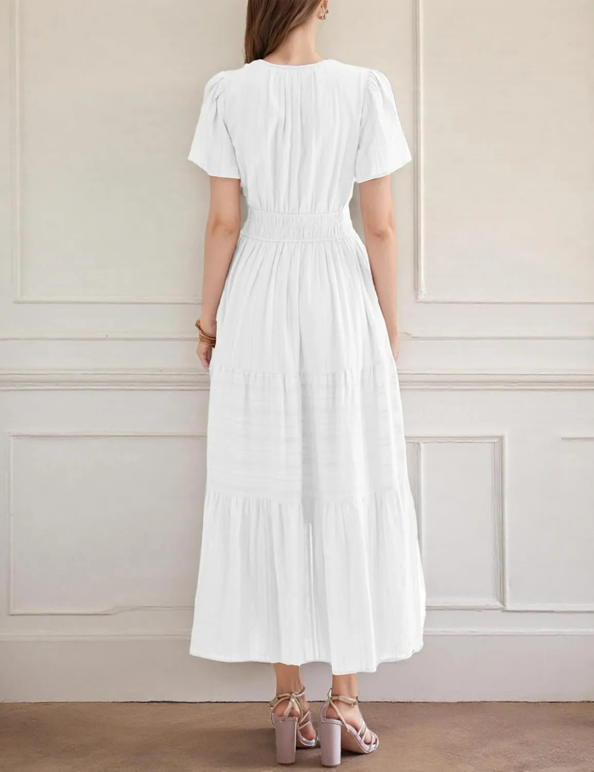 Womens Summer Midi Maxi Dresses Casual V Neck Short Sleeve Flowy A Line Boho Beach Dress with Pockets