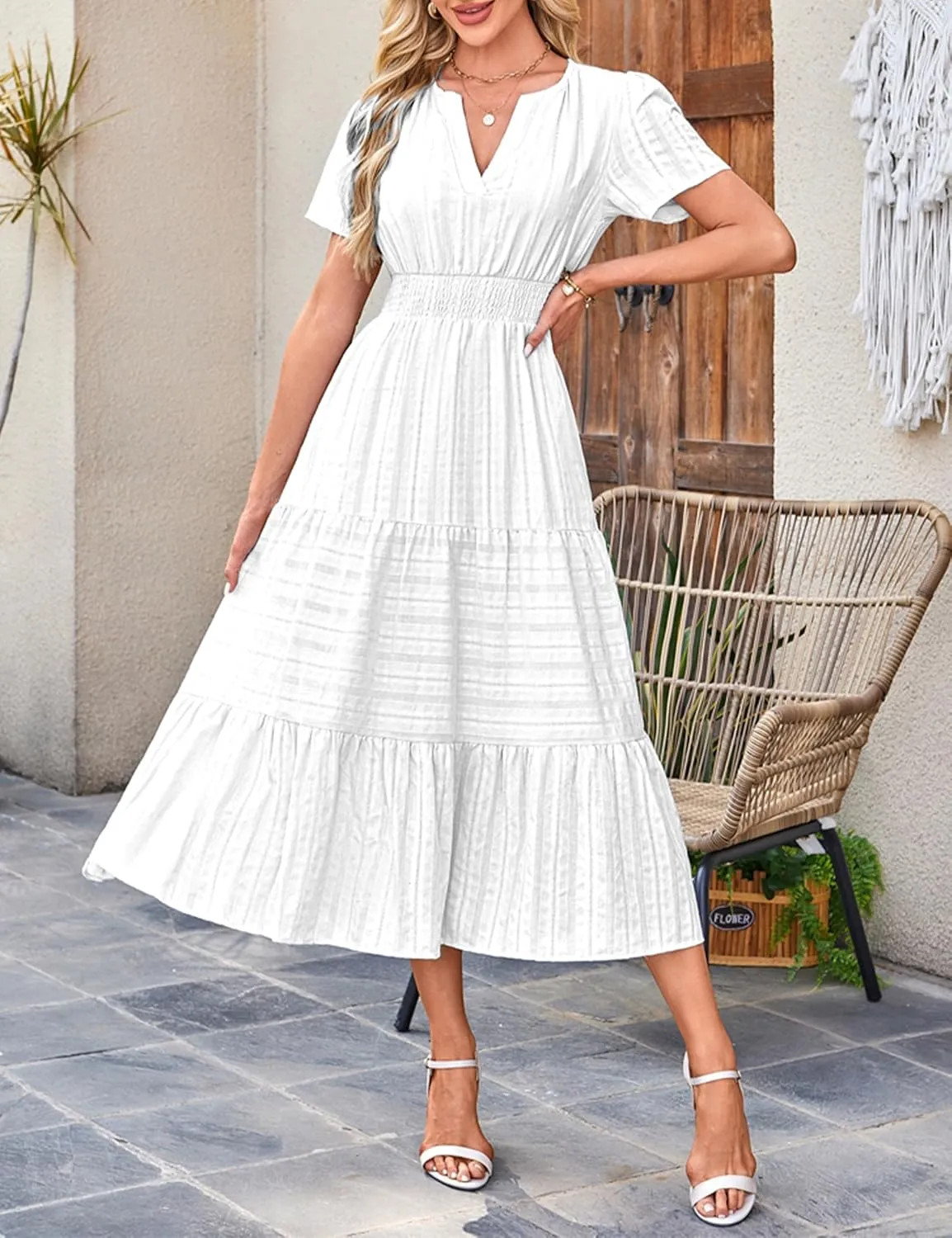 Womens Summer Midi Maxi Dresses Casual V Neck Short Sleeve Flowy A Line Boho Beach Dress with Pockets