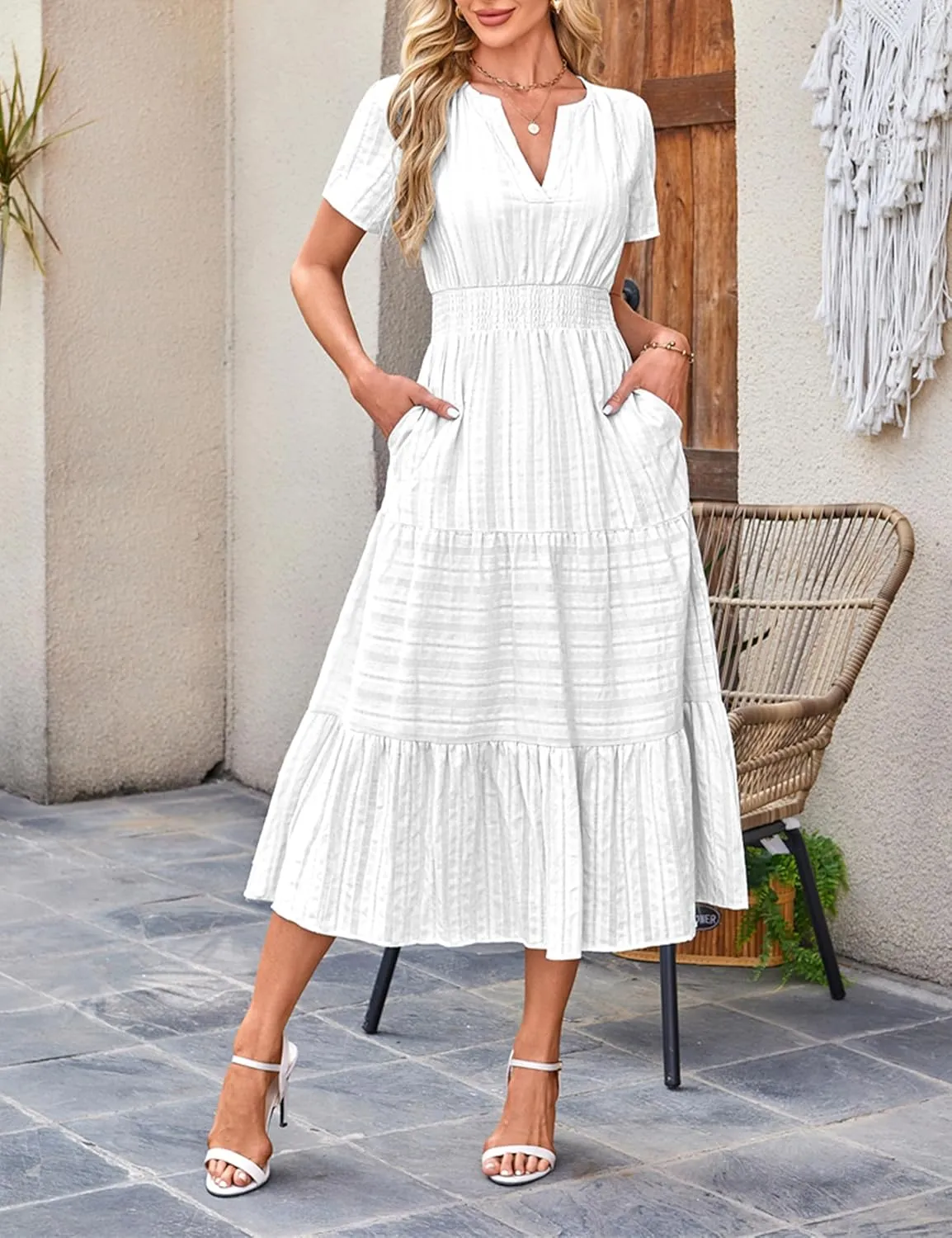 Womens Summer Midi Maxi Dresses Casual V Neck Short Sleeve Flowy A Line Boho Beach Dress with Pockets