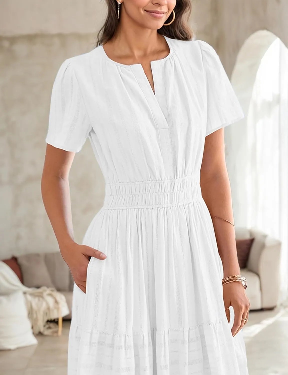 Womens Summer Midi Maxi Dresses Casual V Neck Short Sleeve Flowy A Line Boho Beach Dress with Pockets