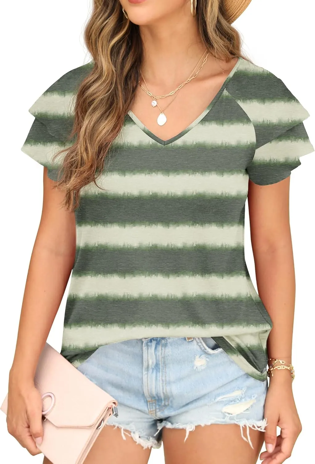 Womens Summer Tops Ruffle Sleeve with Lace Short Sleeve V Neck Shirts Casual Loose Fit T-shirts