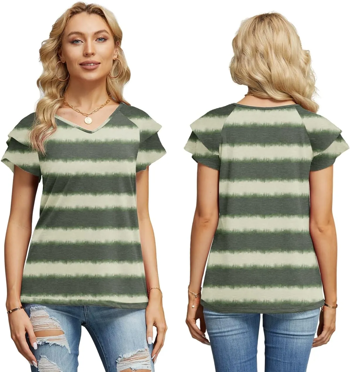 Womens Summer Tops Ruffle Sleeve with Lace Short Sleeve V Neck Shirts Casual Loose Fit T-shirts