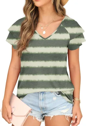 Womens Summer Tops Ruffle Sleeve with Lace Short Sleeve V Neck Shirts Casual Loose Fit T-shirts