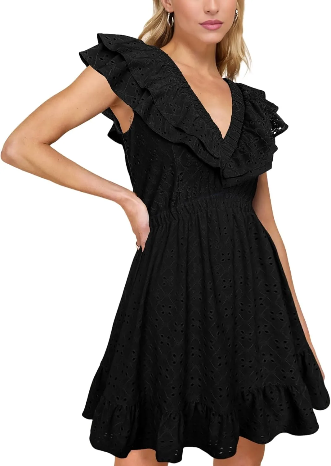 Womens Summer V Neck Tie Back Ruffle Sleeve Hollow Out Casual A-Line Babydoll Swing Flowy Short Mini Dress