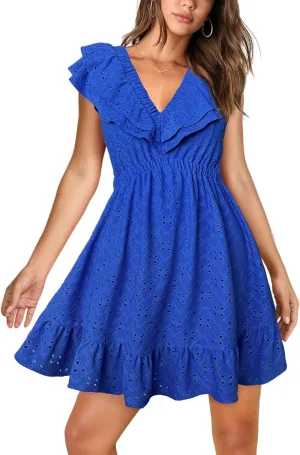 Womens Summer V Neck Tie Back Ruffle Sleeve Hollow Out Casual A-Line Babydoll Swing Flowy Short Mini Dress