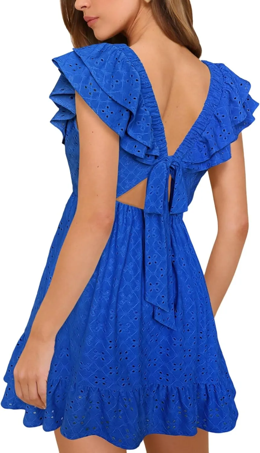 Womens Summer V Neck Tie Back Ruffle Sleeve Hollow Out Casual A-Line Babydoll Swing Flowy Short Mini Dress