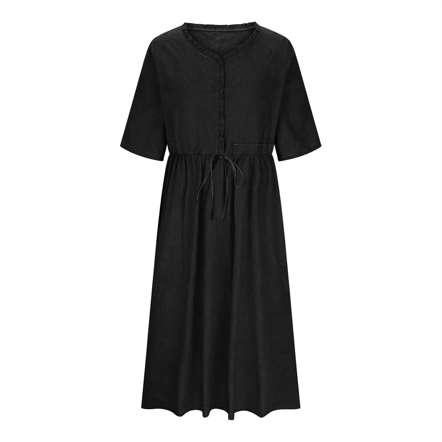 Women's Summer Vintage Jacquard Short Sleeve A Line Shirt Dress Cotton V Neck Button Drawstring Beach Midi Dresses