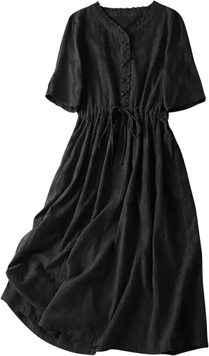 Women's Summer Vintage Jacquard Short Sleeve A Line Shirt Dress Cotton V Neck Button Drawstring Beach Midi Dresses