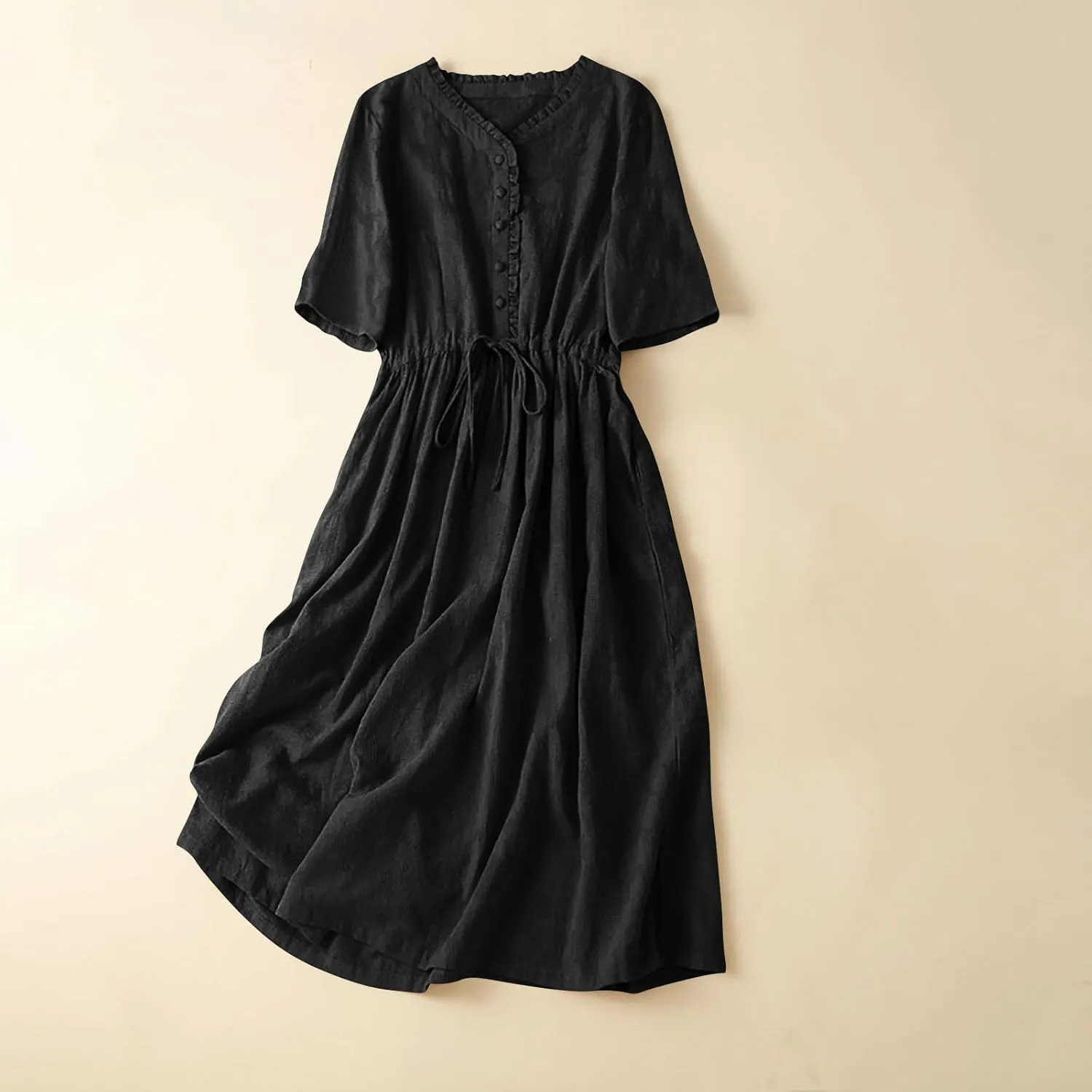 Women's Summer Vintage Jacquard Short Sleeve A Line Shirt Dress Cotton V Neck Button Drawstring Beach Midi Dresses