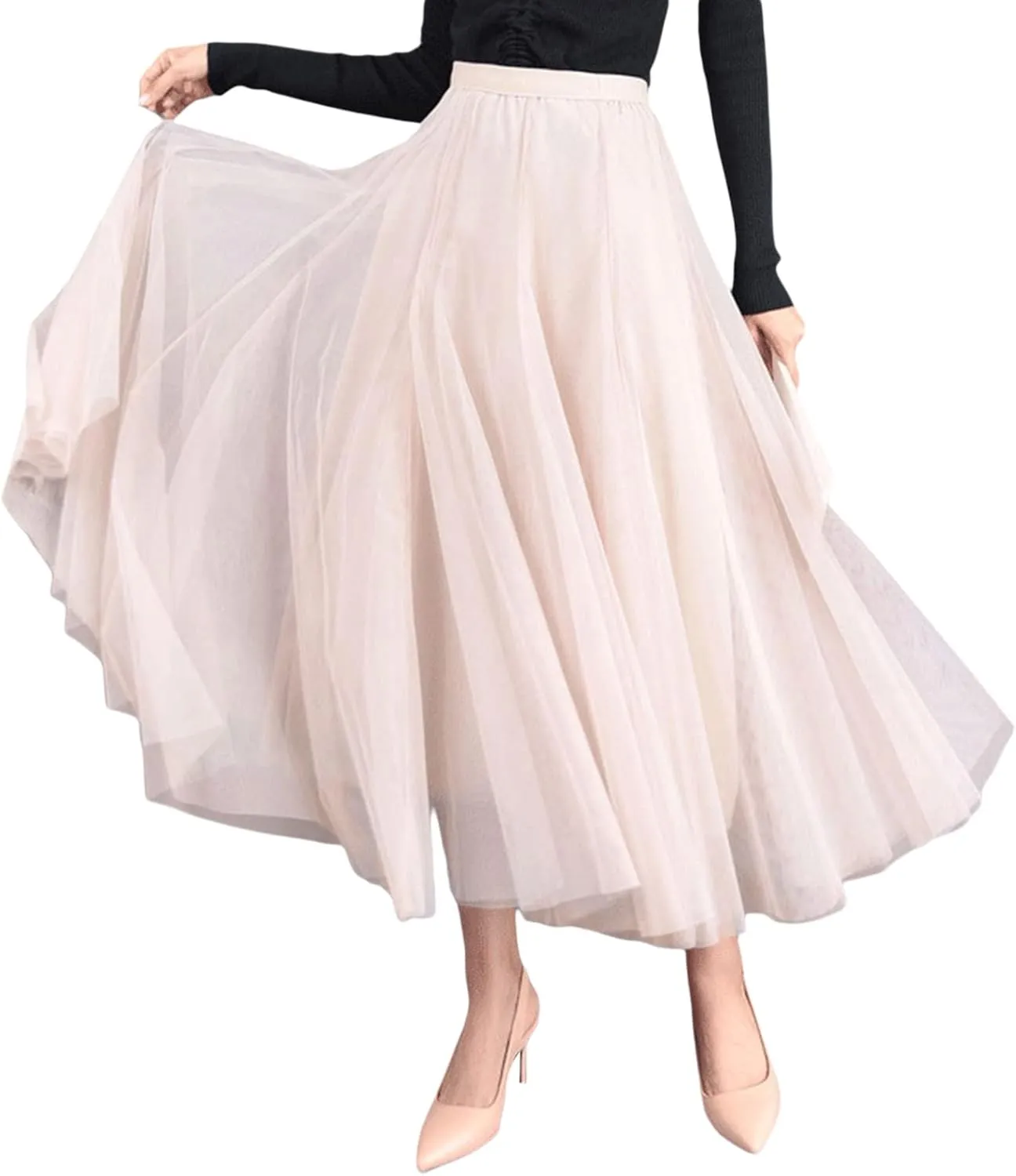 Women's Tulle Midi Skirt Elastic High Waist Layered Pleated Mesh Flowy A-Line Prom Party Long Tutu Skirts