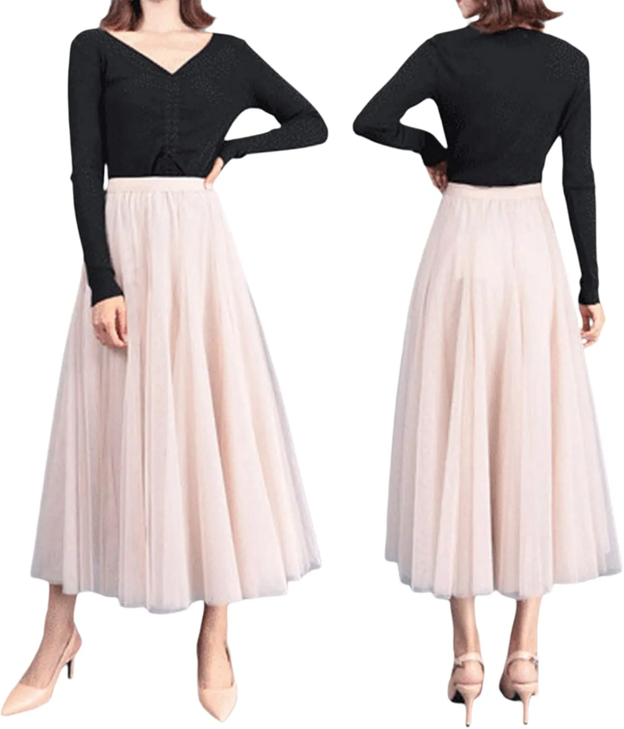 Women's Tulle Midi Skirt Elastic High Waist Layered Pleated Mesh Flowy A-Line Prom Party Long Tutu Skirts