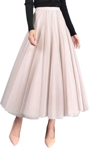Women's Tulle Midi Skirt Elastic High Waist Layered Pleated Mesh Flowy A-Line Prom Party Long Tutu Skirts