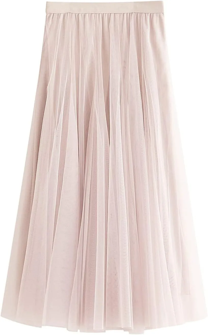 Women's Tulle Midi Skirt Elastic High Waist Layered Pleated Mesh Flowy A-Line Prom Party Long Tutu Skirts