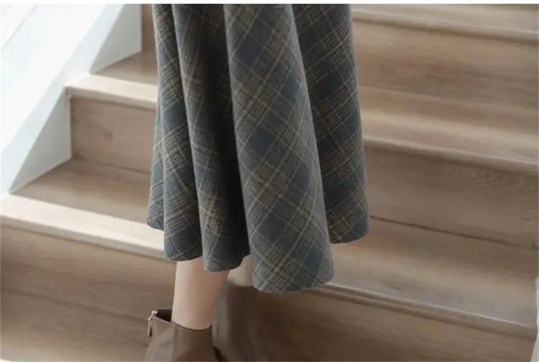Womens Vintage Plaid A-Line Woolen Skirt - High Waist Long Loose Casual Midi Skirt for Autumn & Winter