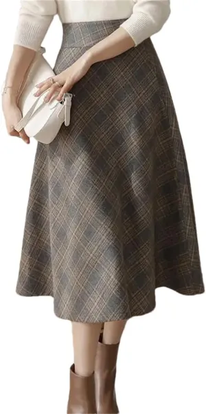Womens Vintage Plaid A-Line Woolen Skirt - High Waist Long Loose Casual Midi Skirt for Autumn & Winter