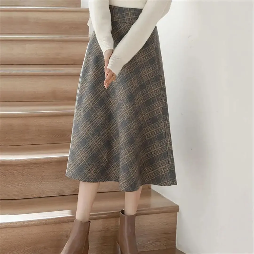 Womens Vintage Plaid A-Line Woolen Skirt - High Waist Long Loose Casual Midi Skirt for Autumn & Winter