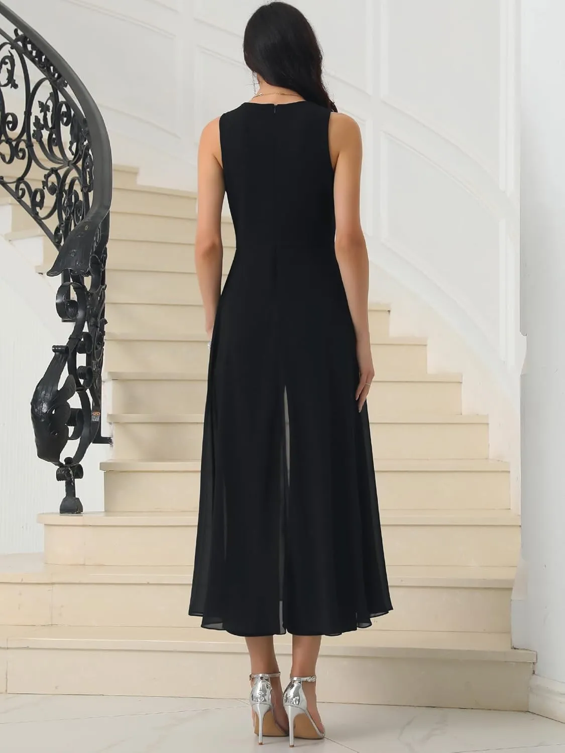 Women's Wide Leg Jumpsuits Chiffon V Neck Cocktail Sleeveless Jumpsuit
