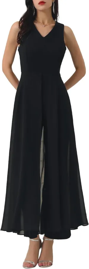Women's Wide Leg Jumpsuits Chiffon V Neck Cocktail Sleeveless Jumpsuit