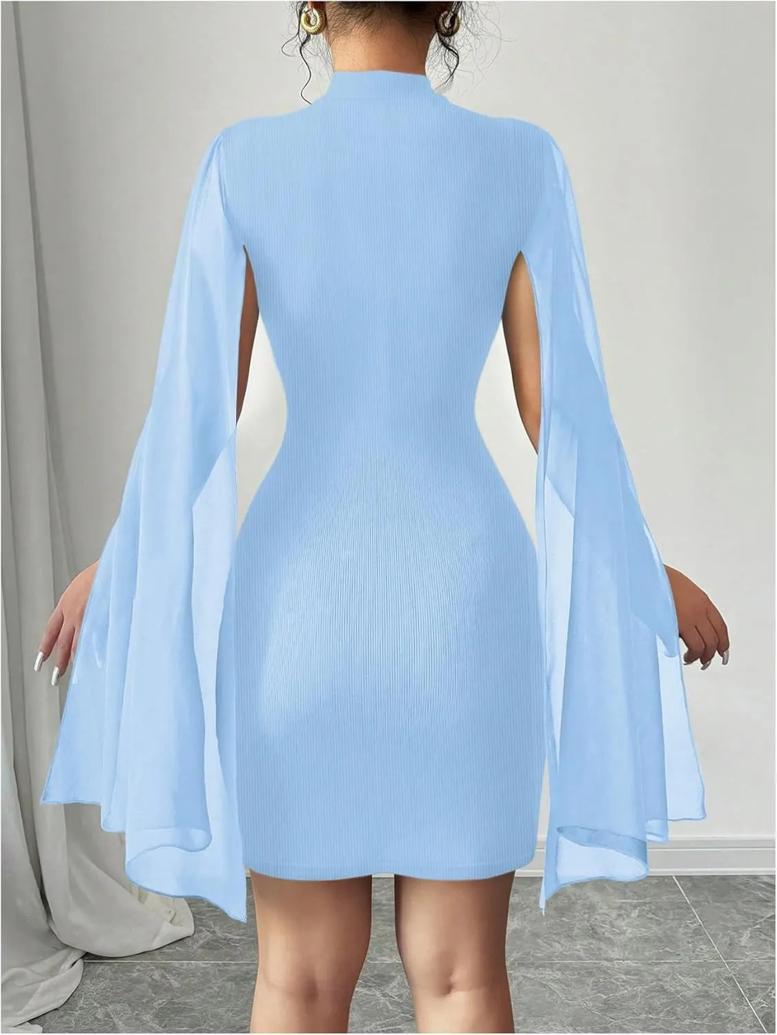 Women's Y2K Cape Sleeve Dress Mock Neck Bodycon Mesh Elegant Cocktail Mini Dress