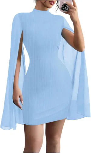 Women's Y2K Cape Sleeve Dress Mock Neck Bodycon Mesh Elegant Cocktail Mini Dress