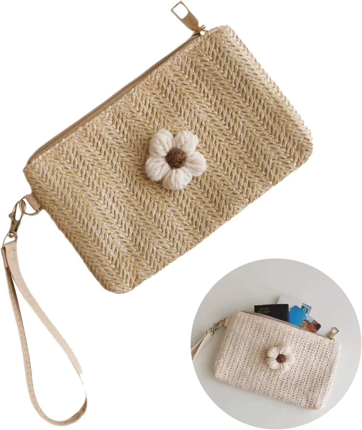 Wristlet Wallet Women Girl ID Credit Card Bank Card Holder with Wrist Strap Straw Woven Coin Change Clutch Purse