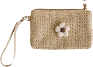 Wristlet Wallet Women Girl ID Credit Card Bank Card Holder with Wrist Strap Straw Woven Coin Change Clutch Purse