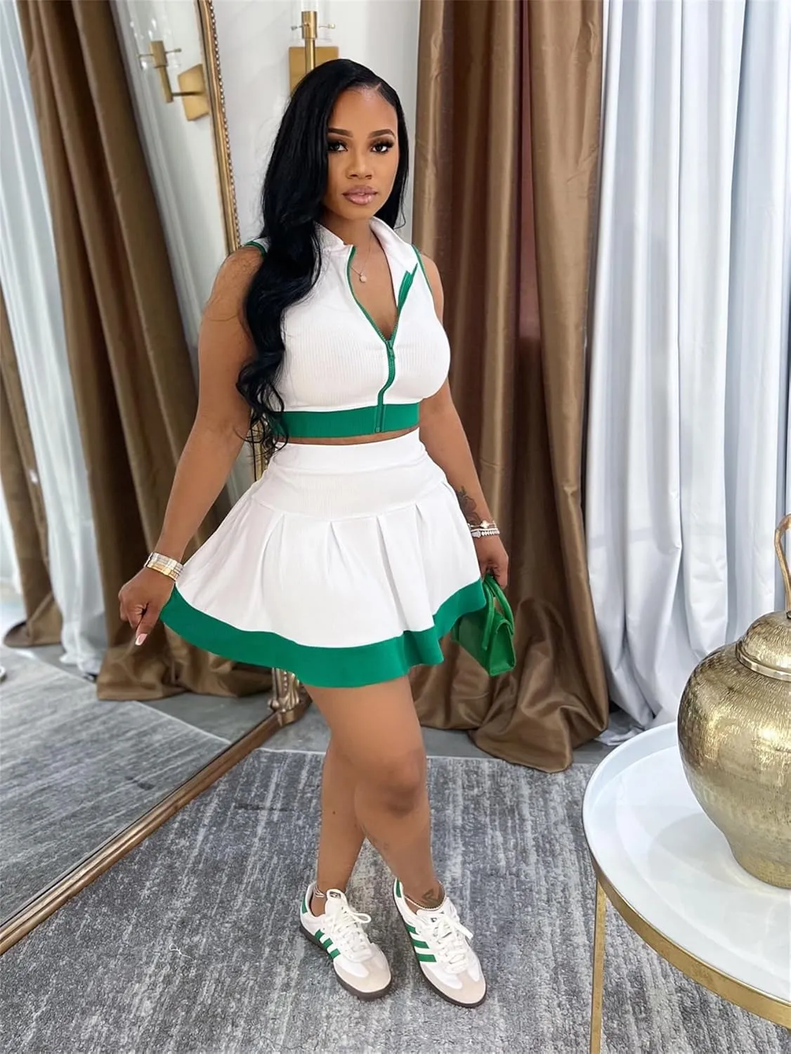 Wuitrie Skirt and Shirt Set for Women Solid Color Zipper Sleeveless Short Top Casual High Waisted Pleated Mini Skirts