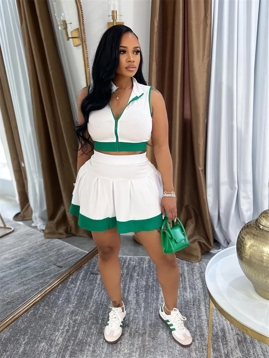 Wuitrie Skirt and Shirt Set for Women Solid Color Zipper Sleeveless Short Top Casual High Waisted Pleated Mini Skirts