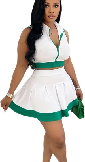 Wuitrie Skirt and Shirt Set for Women Solid Color Zipper Sleeveless Short Top Casual High Waisted Pleated Mini Skirts