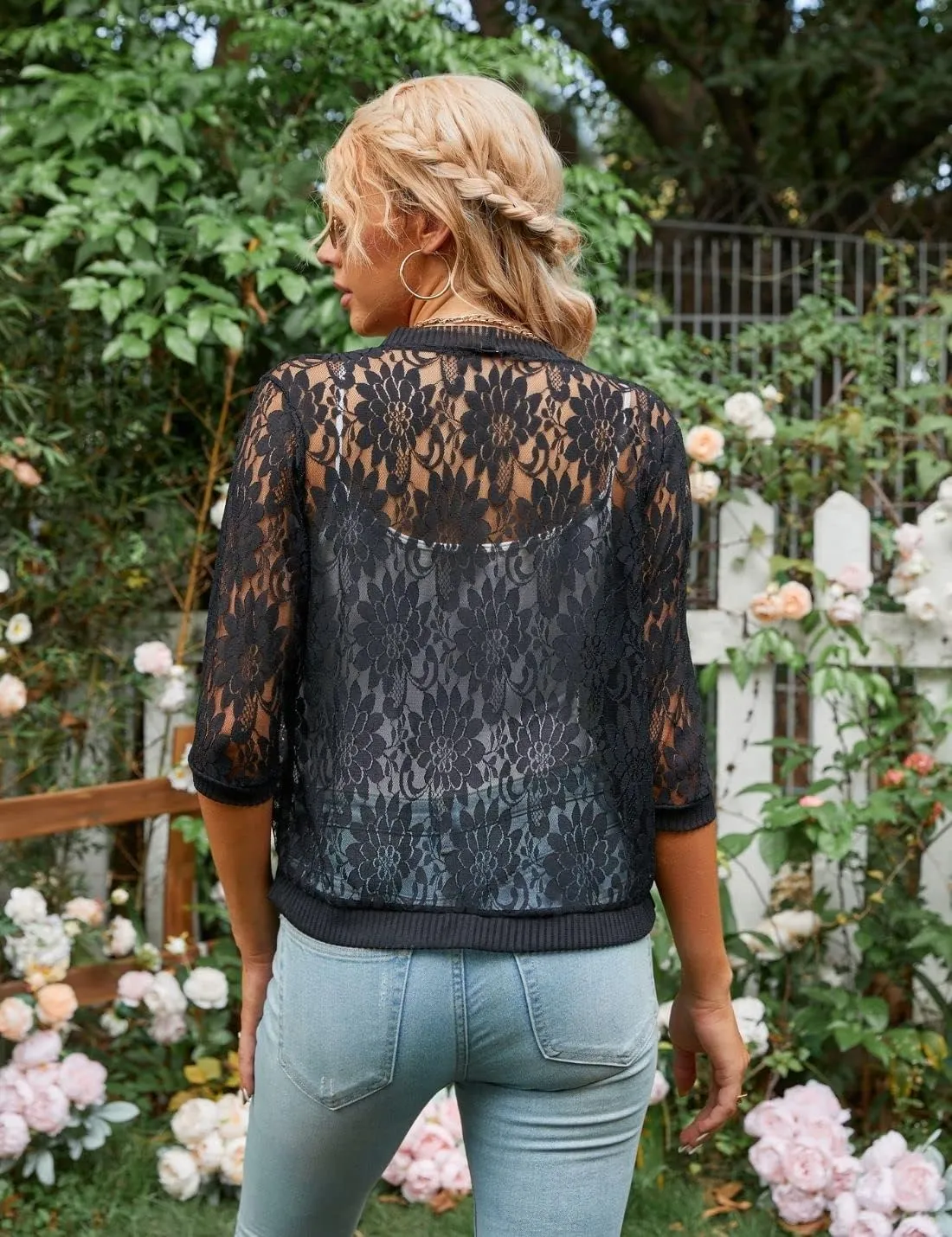 Xunger Womens 3/4 Sleeve Lace Cardigan Casual Open Front Floral Lace Shrug Summer Cover Up