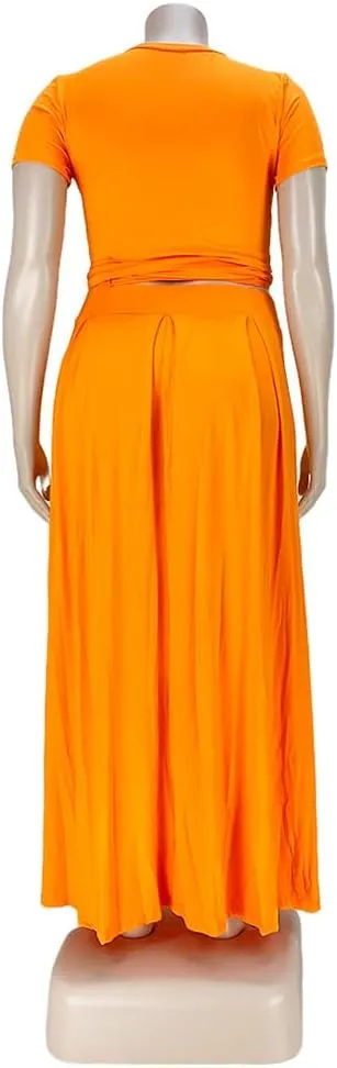 XYGJZ Women Plus Size 2 Piece Dress Outfits Short Sleeve Bandage Tie Up Crop Top and Maxi Skirt Set