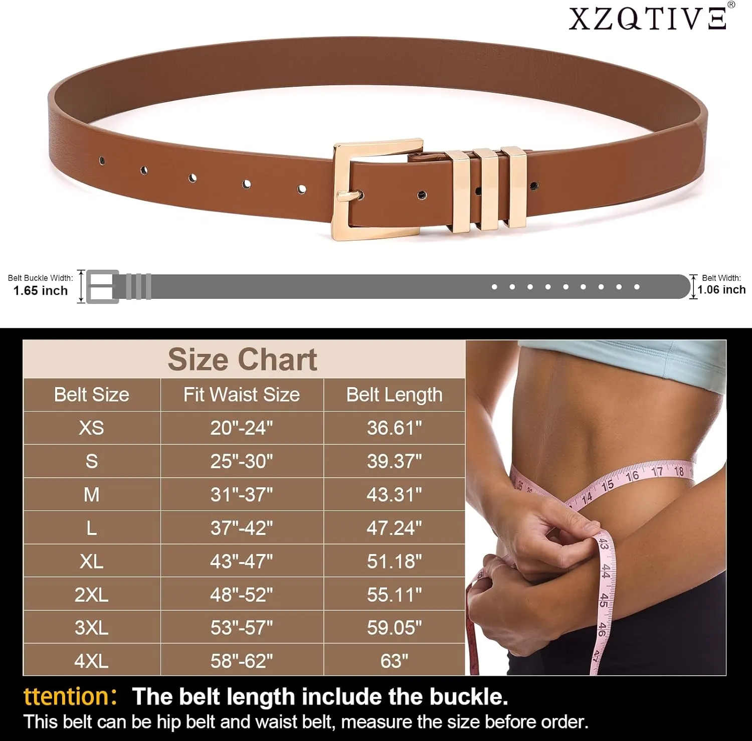 XZQTIVE Plus Size Women's Leather Belts for Jeans Pants Dress Fashion Ladies Waist Belt with Square Gold Buckle