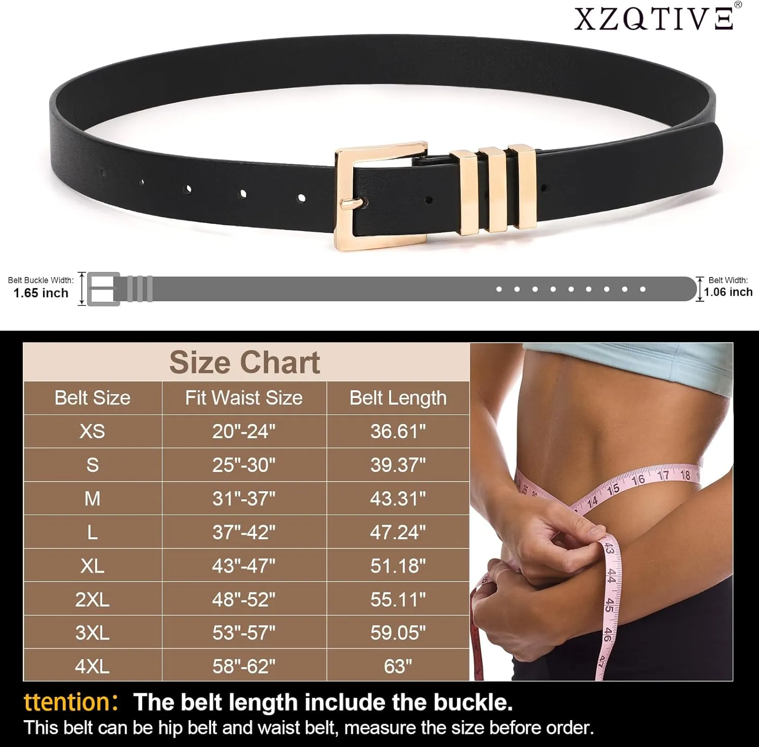 XZQTIVE Plus Size Women's Leather Belts for Jeans Pants Dress Fashion Ladies Waist Belt with Square Gold Buckle