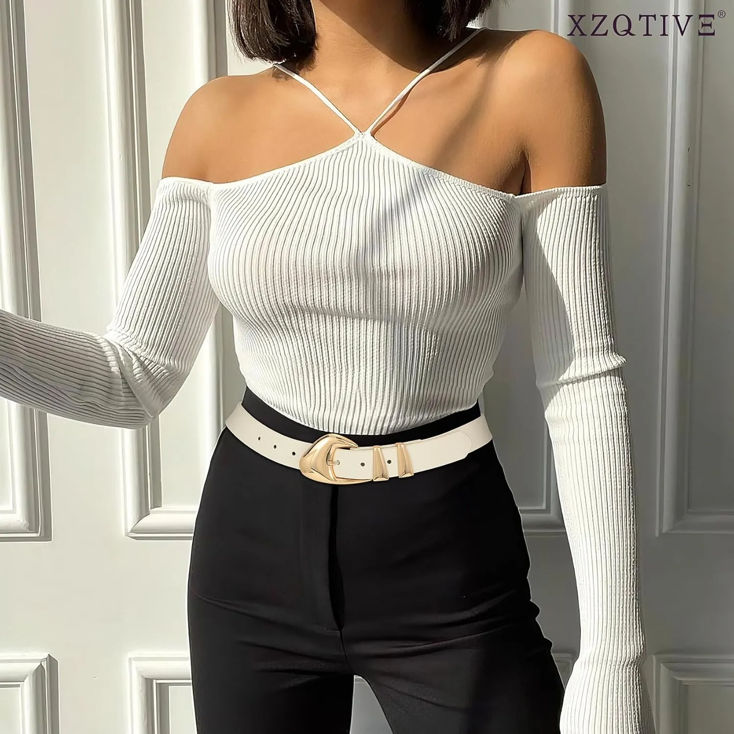 XZQTIVE Women's Leather Belts for Jeans Dress Pants Black Brown Belts for Women Ladies Waist Belts with Gold Buckle
