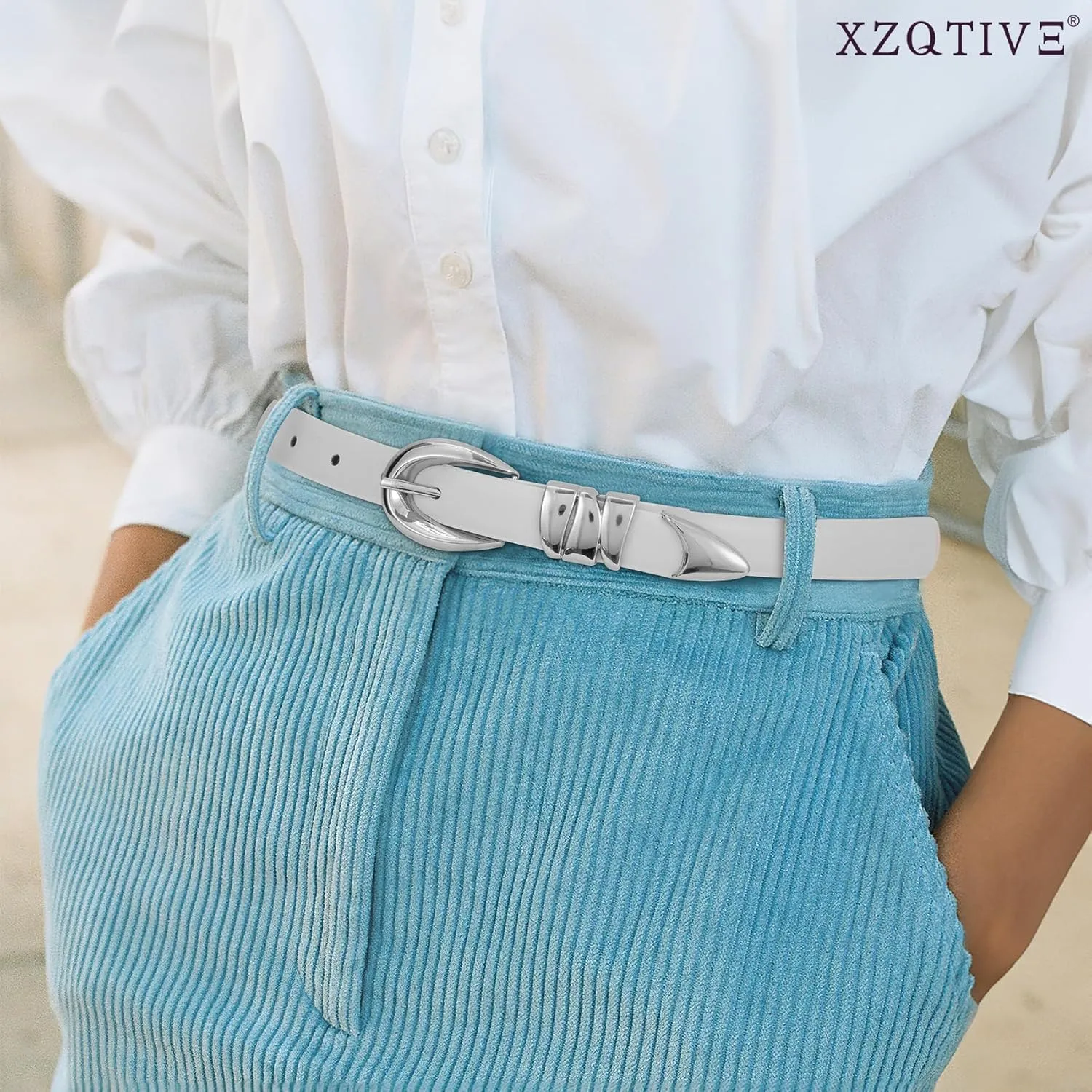 XZQTIVE Women's Skinny Leather Belts Ladies Thin Waist Belts for Jeans Dress Pants Trendy Black Belt with Gold Buckle