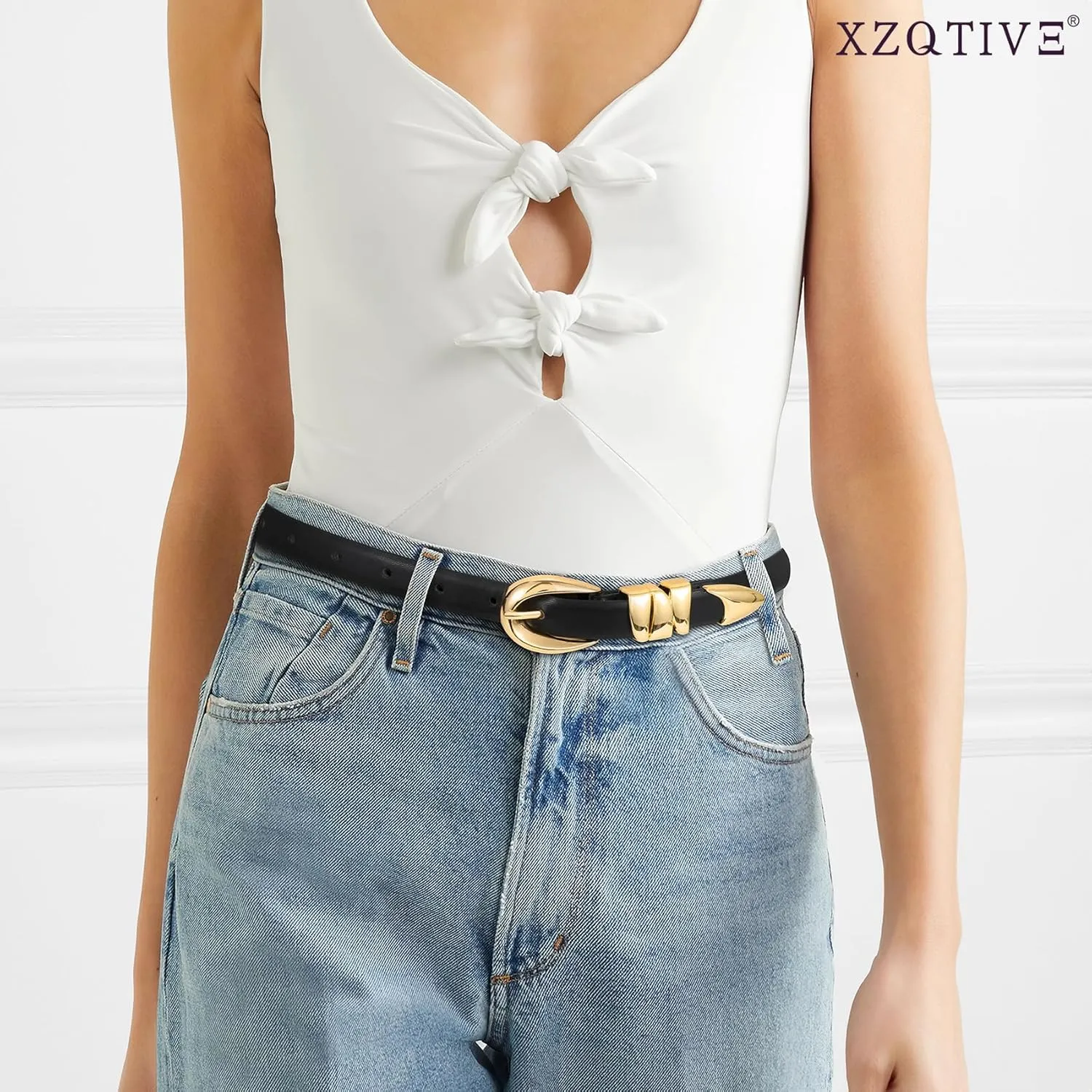 XZQTIVE Women's Skinny Leather Belts Ladies Thin Waist Belts for Jeans Dress Pants Trendy Black Belt with Gold Buckle