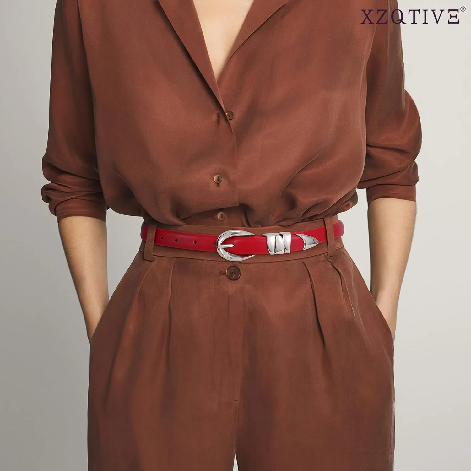 XZQTIVE Women's Skinny Leather Belts Ladies Thin Waist Belts for Jeans Dress Pants Trendy Black Belt with Gold Buckle