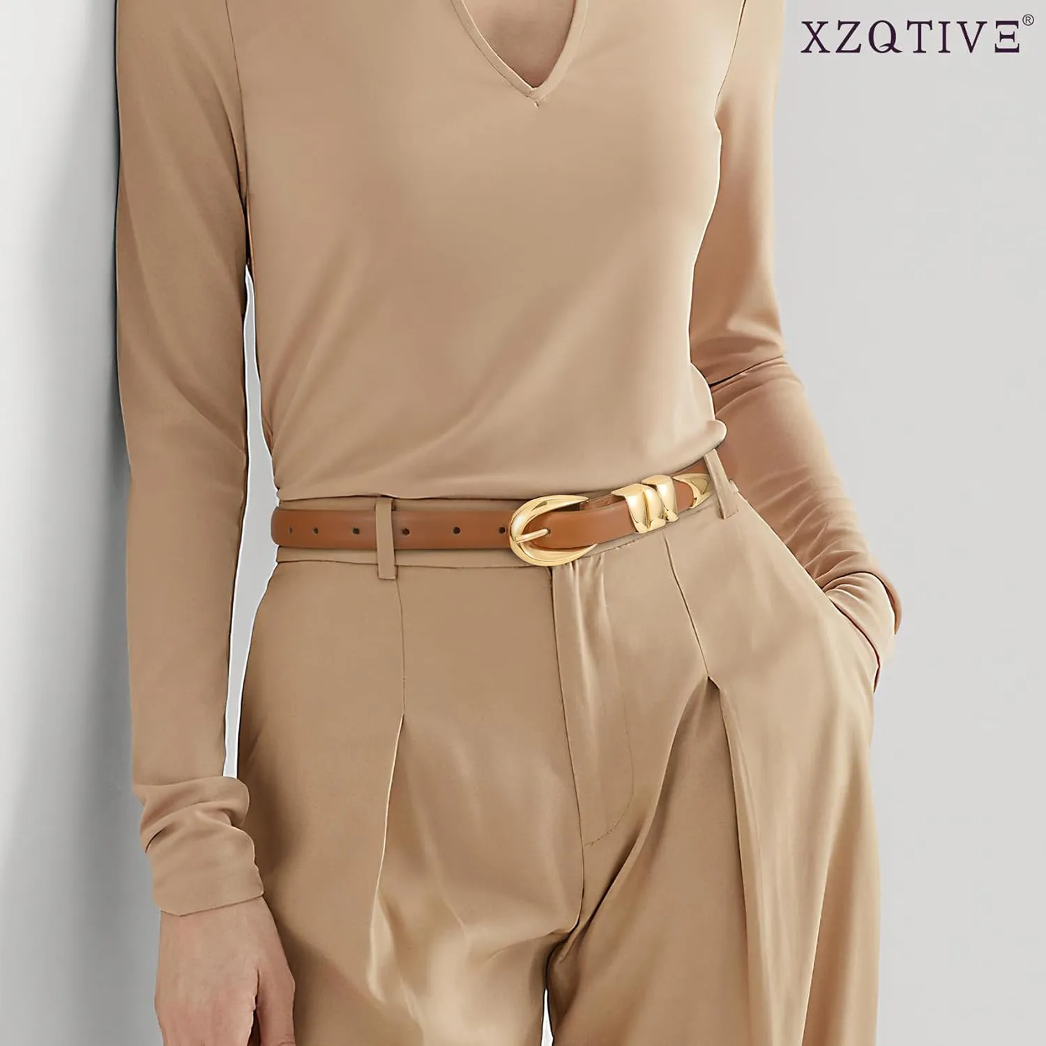 XZQTIVE Women's Skinny Leather Belts Ladies Thin Waist Belts for Jeans Dress Pants Trendy Black Belt with Gold Buckle