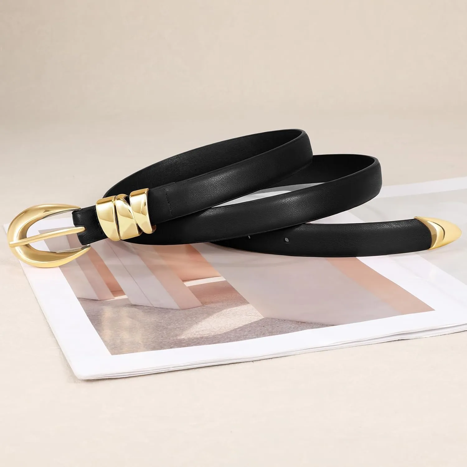 XZQTIVE Women's Skinny Leather Belts Ladies Thin Waist Belts for Jeans Dress Pants Trendy Black Belt with Gold Buckle