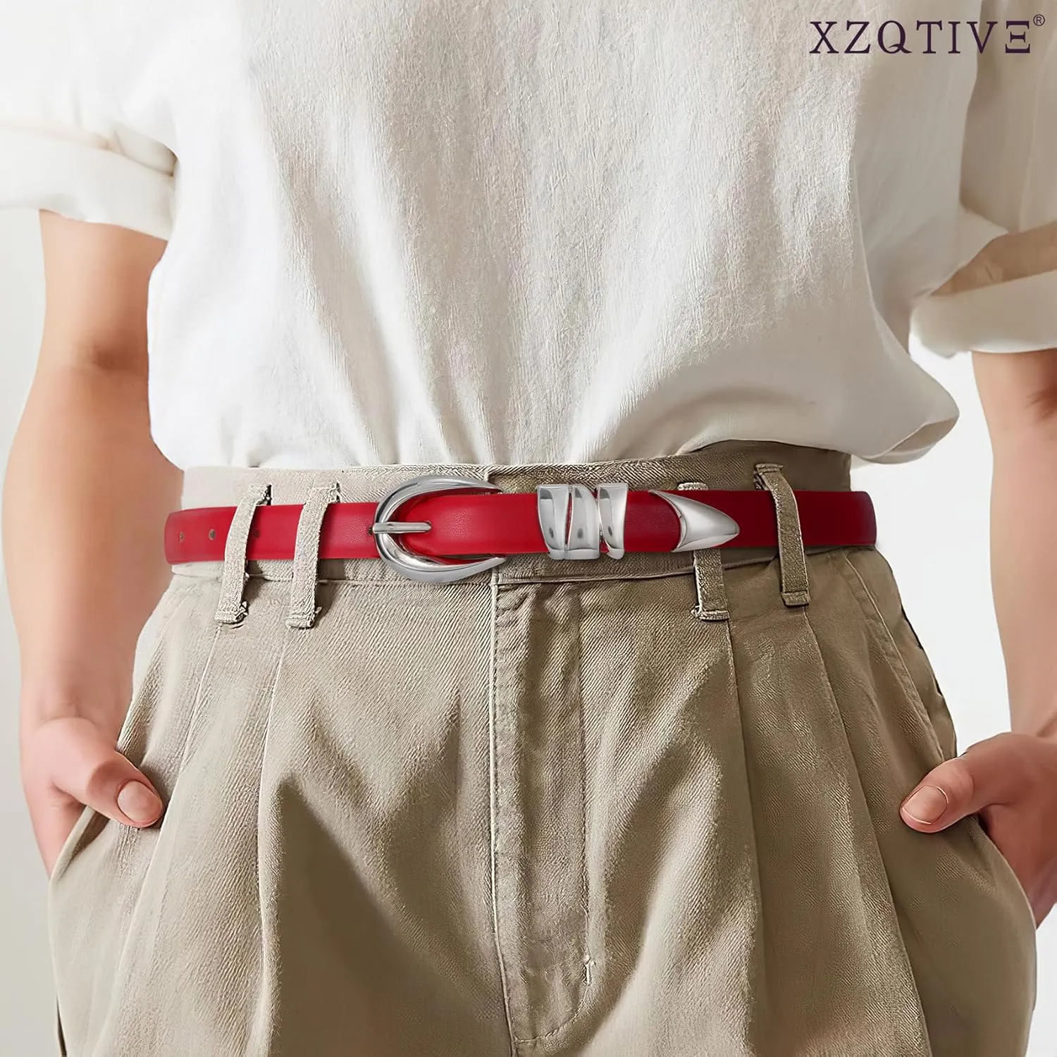 XZQTIVE Women's Skinny Leather Belts Ladies Thin Waist Belts for Jeans Dress Pants Trendy Black Belt with Gold Buckle